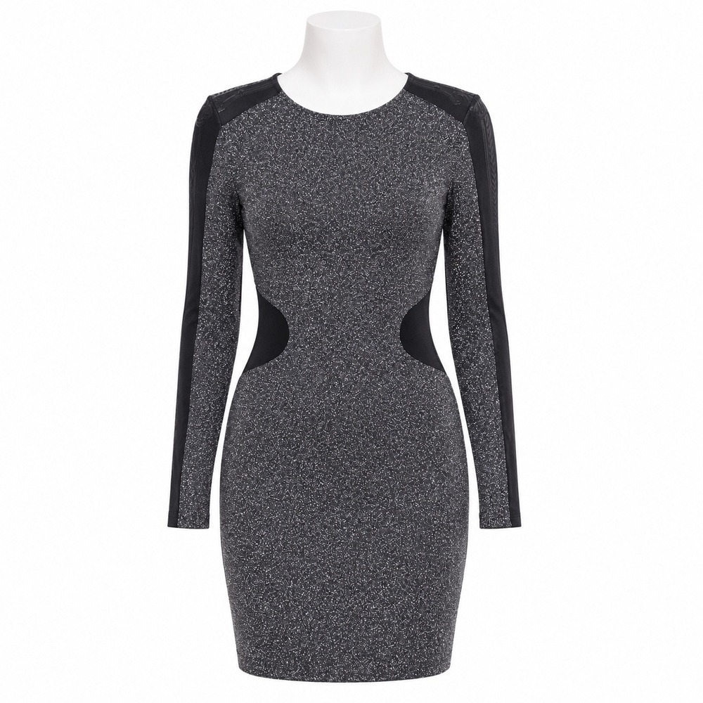 Express Mini Dress 10 Silver‎ Metallic Bodycon Sheer Mesh Party Sexy Clubwear